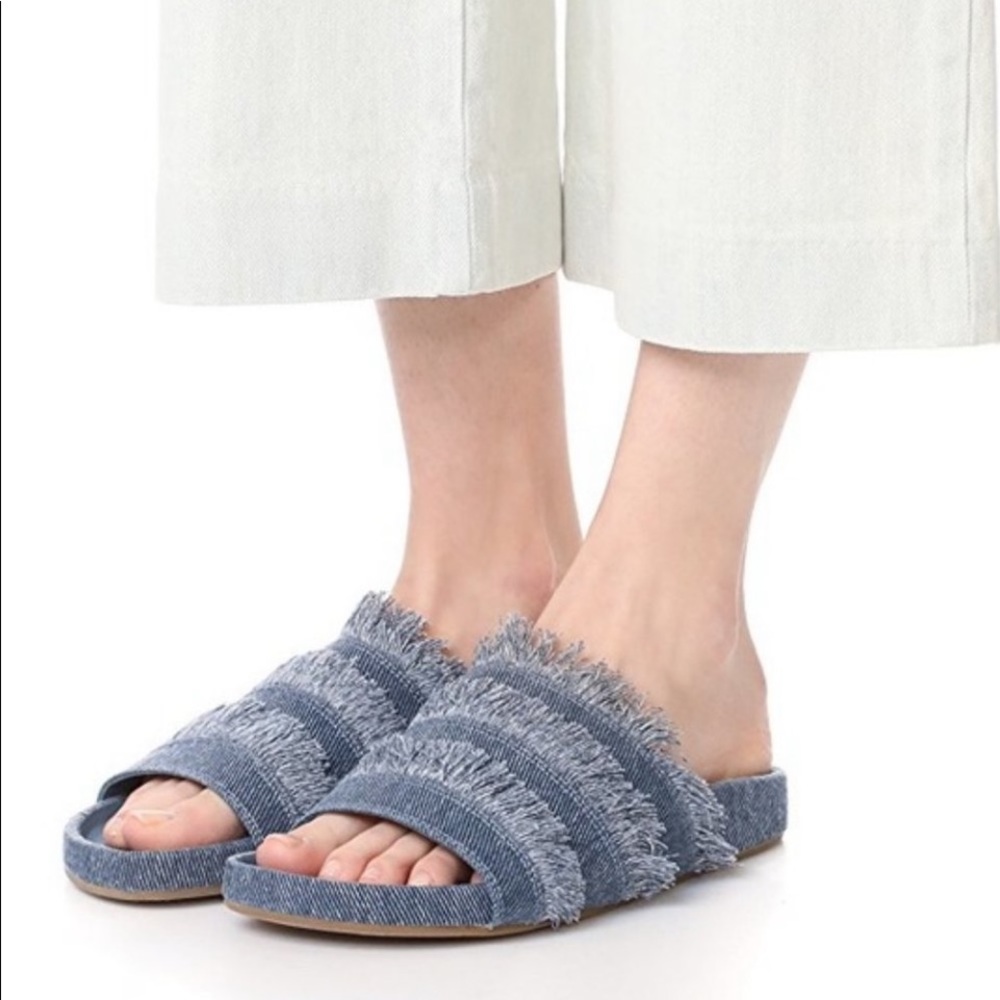 JOIE Jayden Blue Fringe Denim Slide Slip On Sandals